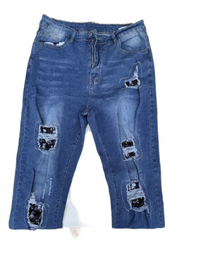 Distressed Skull Patch Jeans Medium Wash Stretch Denim Plus Size 1XL